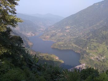 High angle view of lake and mountains