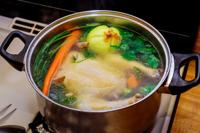 High angle view of soup in bowl on table