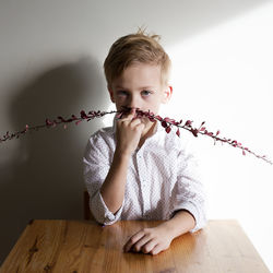 Portrait of boy holding twig on nose against wall