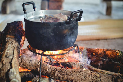 Close-up of meat on barbecue grill