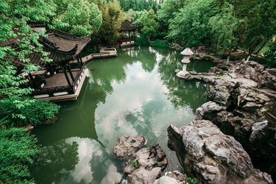 High angle view of pond by trees at fuzhuang garden