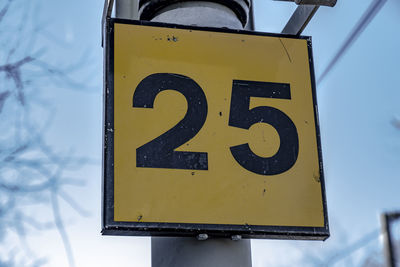 Low angle view of numbers on signboard in city