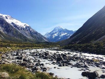 Scenic view of snowcapped mountains against clear blue sky