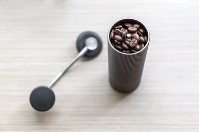 High angle view of coffee beans on table