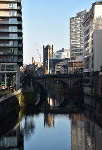 Bridge over river by buildings in city against clear sky