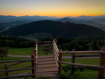 Scenic view of mountains against sky during sunset