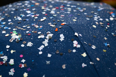 Close-up of confetti on wet umbrella during rainy season