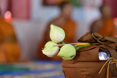 White lotus incense candle on buddha's bowl