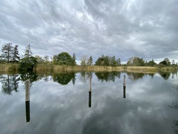 Reflection of trees in lake against sky