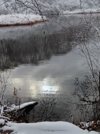 Frozen lake against bare trees during winter