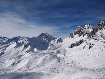 Scenic view of snow covered mountains against sky