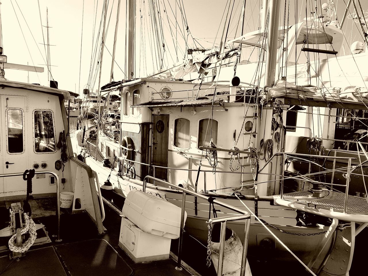 SAILBOATS MOORED IN HARBOR AGAINST SKY