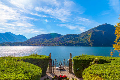 The fountain in the garden of villa carlotta, lombardy, italy, on lake como, mountains on background