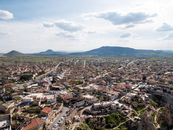 High angle shot of townscape against sky