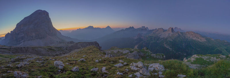 Scenic view of mountains against sky during sunset