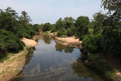 High angle view of river amidst trees against sky