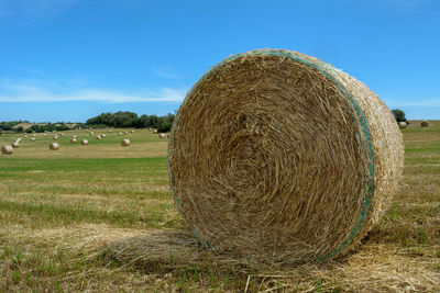 Hay bales on field against sky