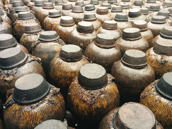 Jugs of distilled liquor at distillery in wuzhen