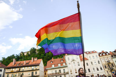 Low angle view of flag against sky