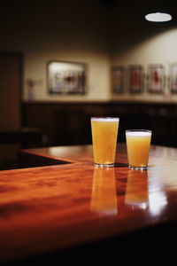 Close-up of beer in glass on table