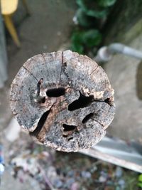 Close-up of rusty metal on wood