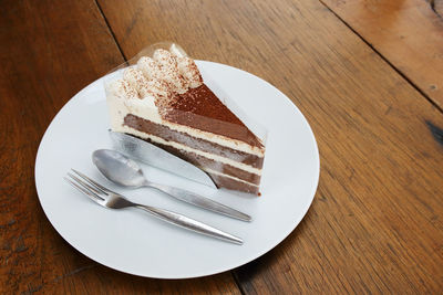 High angle view of cake in plate on table