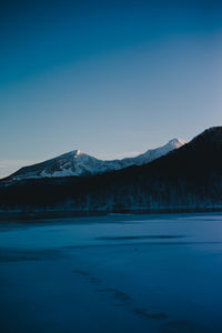 Scenic view of snowcapped mountains against clear sky