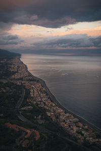 Aerial view of sea against sky during sunset