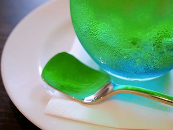 High angle view of drink in plate on table