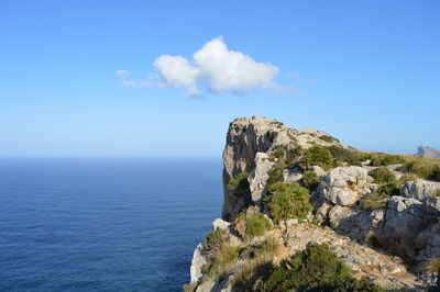 Rock formations by sea against blue sky