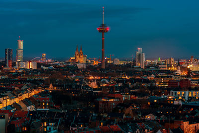 Cologne cityscape at night, germany. view of cologne cathedral and colonius tv tower.