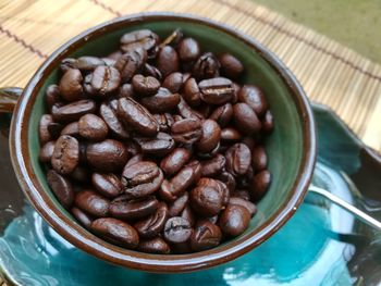 High angle view of coffee beans in bowl on table