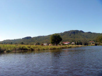 Scenic view of lake against clear sky