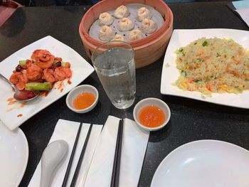 High angle view of food served on table