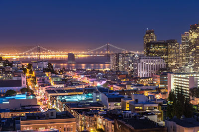 High angle view of illuminated city against clear sky at night