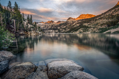 Scenic view of lake against sky during sunset