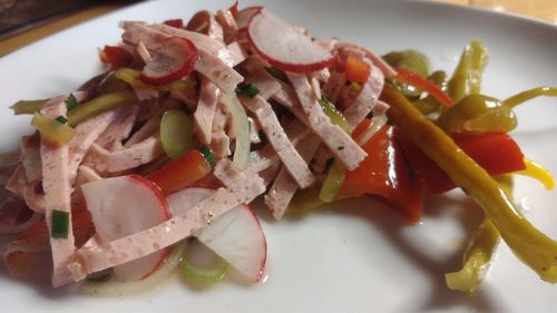 Close-up of chopped vegetables in plate