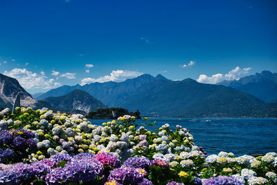 Scenic view of sea and mountains against sky