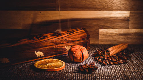 Close-up of pumpkins on table