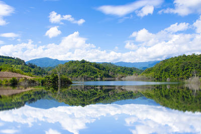 Scenic view of lake and mountains against sky