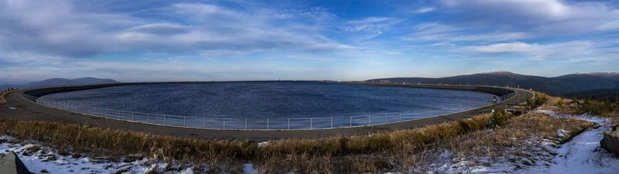 Panoramic view of sea and mountains against sky