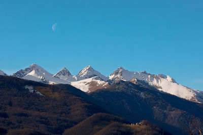 Scenic view of snowcapped mountains against clear blue sky