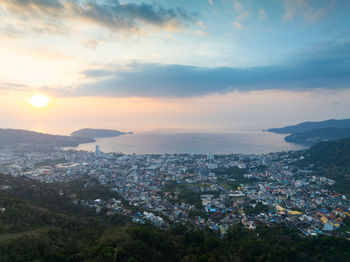 High angle view of townscape against sky during sunset