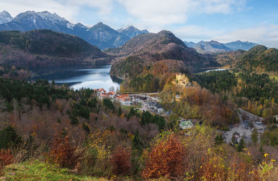 Scenic view of lake and mountains against sky