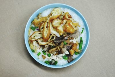 High angle view of noodles in bowl on table