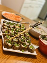 High angle view of food in plate on table