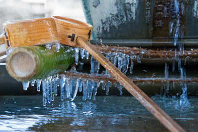 Close-up of bamboo dipper in kushida-jinja during winter