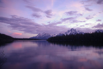 Scenic view of river against cloudy sky at dusk