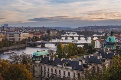 High angle view of river by buildings against sky