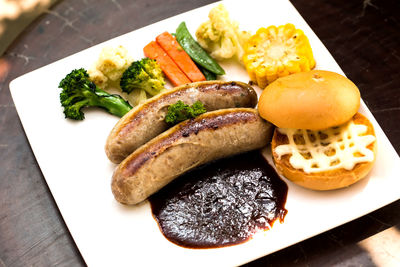 High angle view of food served on table